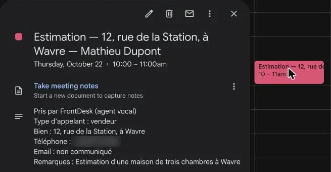 Rendez-vous d'estimation ajouté automatiquement dans l'agenda de l'agence
