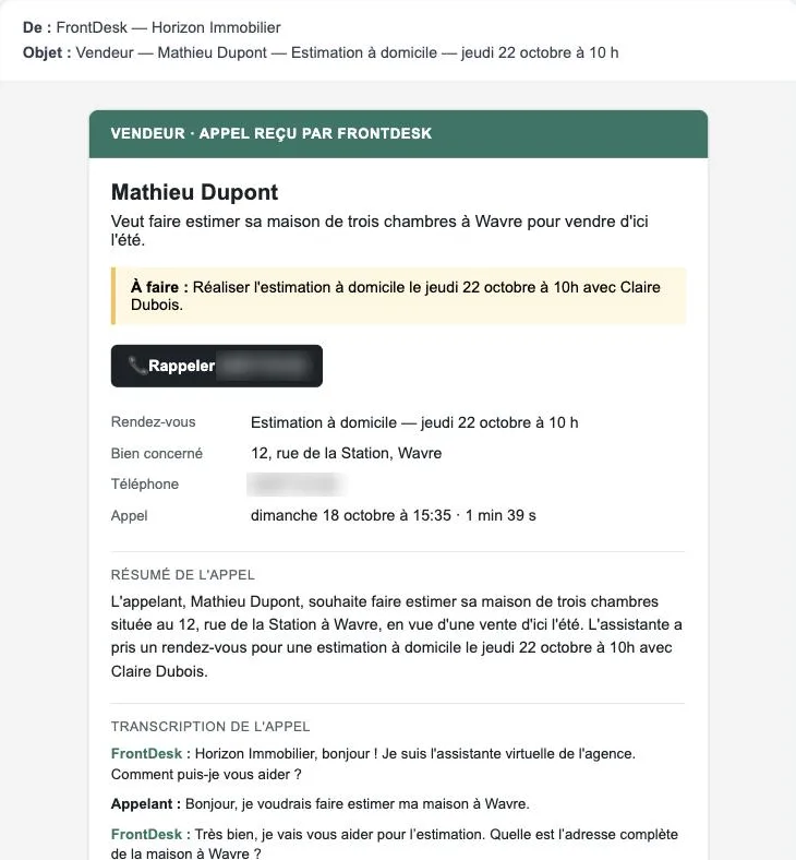 Email récapitulatif de l'appel envoyé à l'agence avec les informations qualifiées